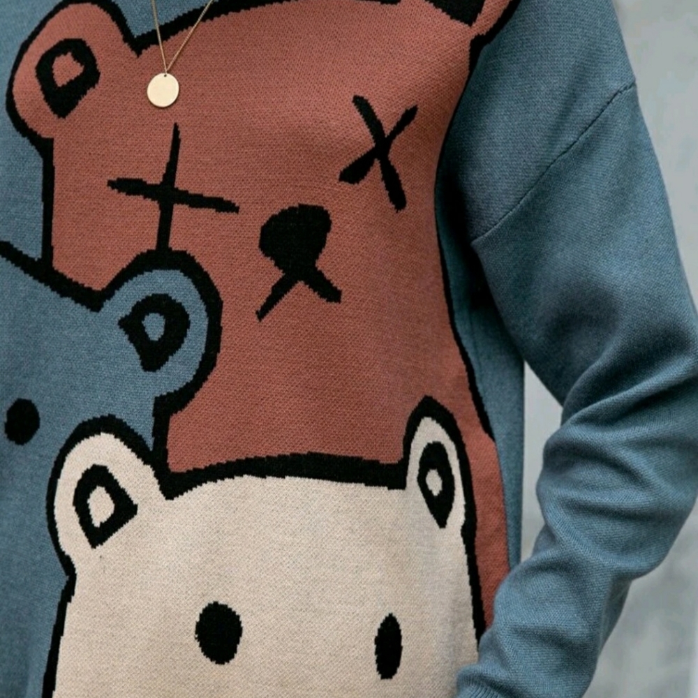 Simplee Bear Pattern Drop Shoulder Sweater - Picture 3 of 6